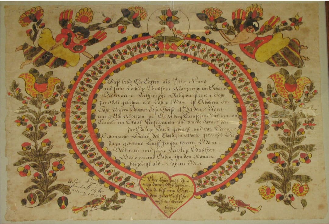 Birth and Baptismal Certificate, 1784. Made in Northampton County, Pennsylvania, United States. American. Ink and watercolor on paper, 13 1/2 × 16 1/4 in. (34.3 × 41.3 cm). The Metropolitan Museum of Art, Gift of Mrs. Robert W. de Forest, 1933. Object number: 34.100.221.